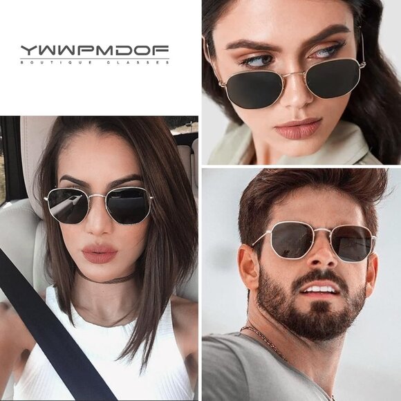 Unisex Gold/Clear Trendy Square Hexagonal Mirrored Sun Glasses UV Protection